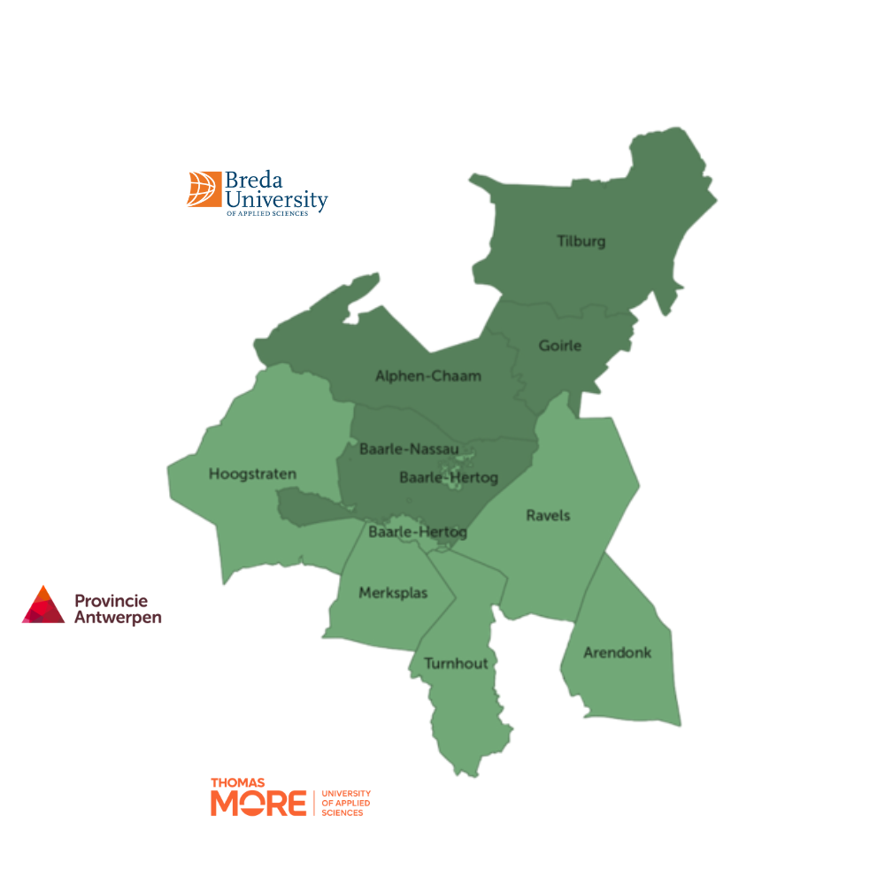 Projectgebied Brabant kust de Kempen (Nederland in donkergroen en Vlaanderen in lichtgroen)