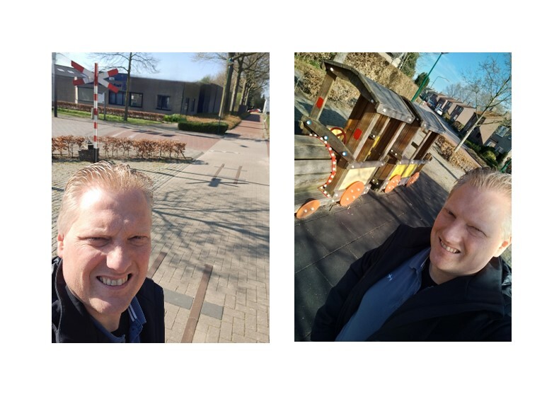 Joeri Verheijen aan de Knoop Renesseplein in Alphen-Chaam, op deze locatie vind een Andreaskruis, een speeltuintje in de vorm van een treintje en een leuke gimic in het straatwerk.