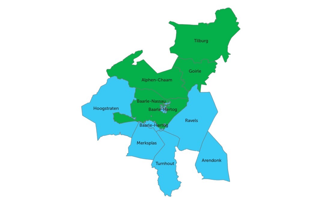 Projectgebied Brabant kust de Kempen (Nederland in groen en Vlaanderen in blauw)