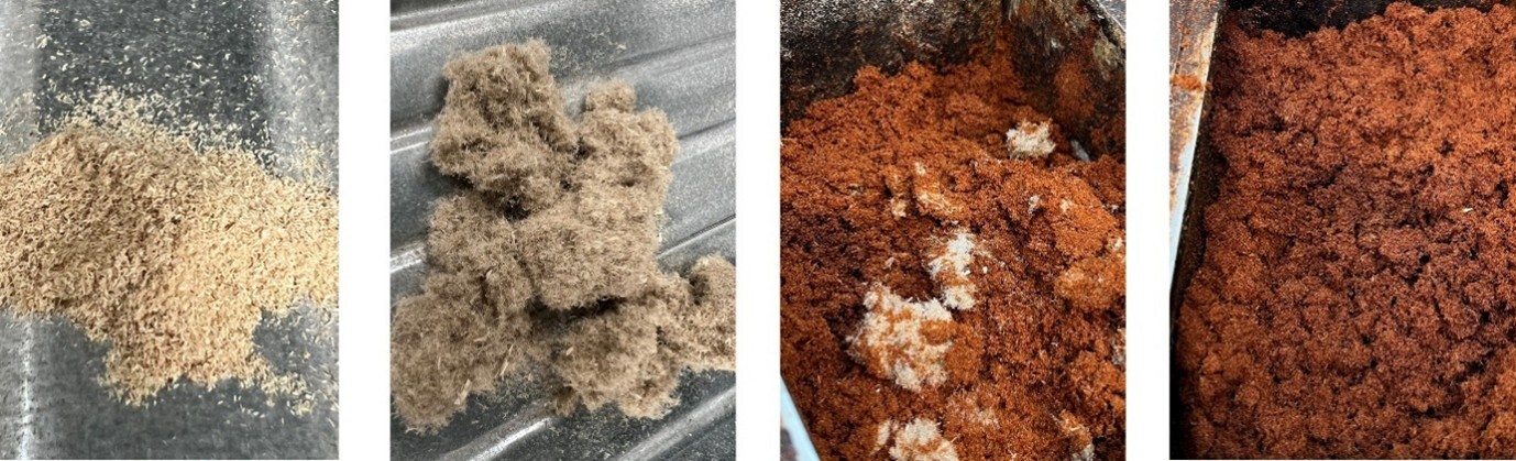 Hennep vuller en vezel fracties, alsook BMC deeg na toevoegen van de vezel en het mixen