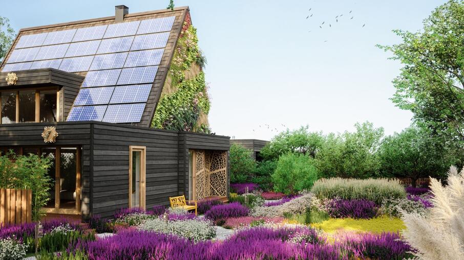 Een woning met natuurlijke materialen in een natuurrijke omgeving.