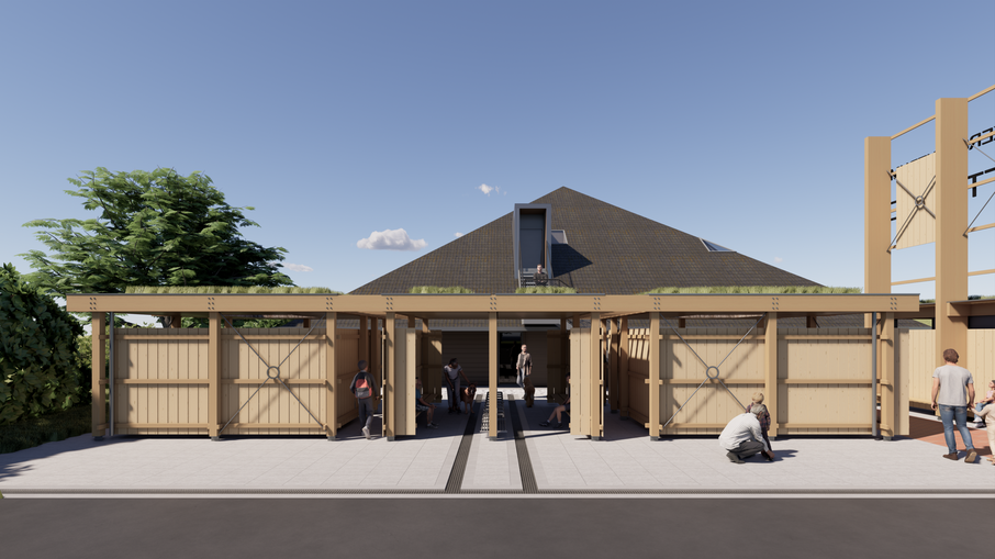 Vooraanzicht Bezoekerscentrum Saeftinghe met de kleedruimtes voor het eigenlijke centrum.