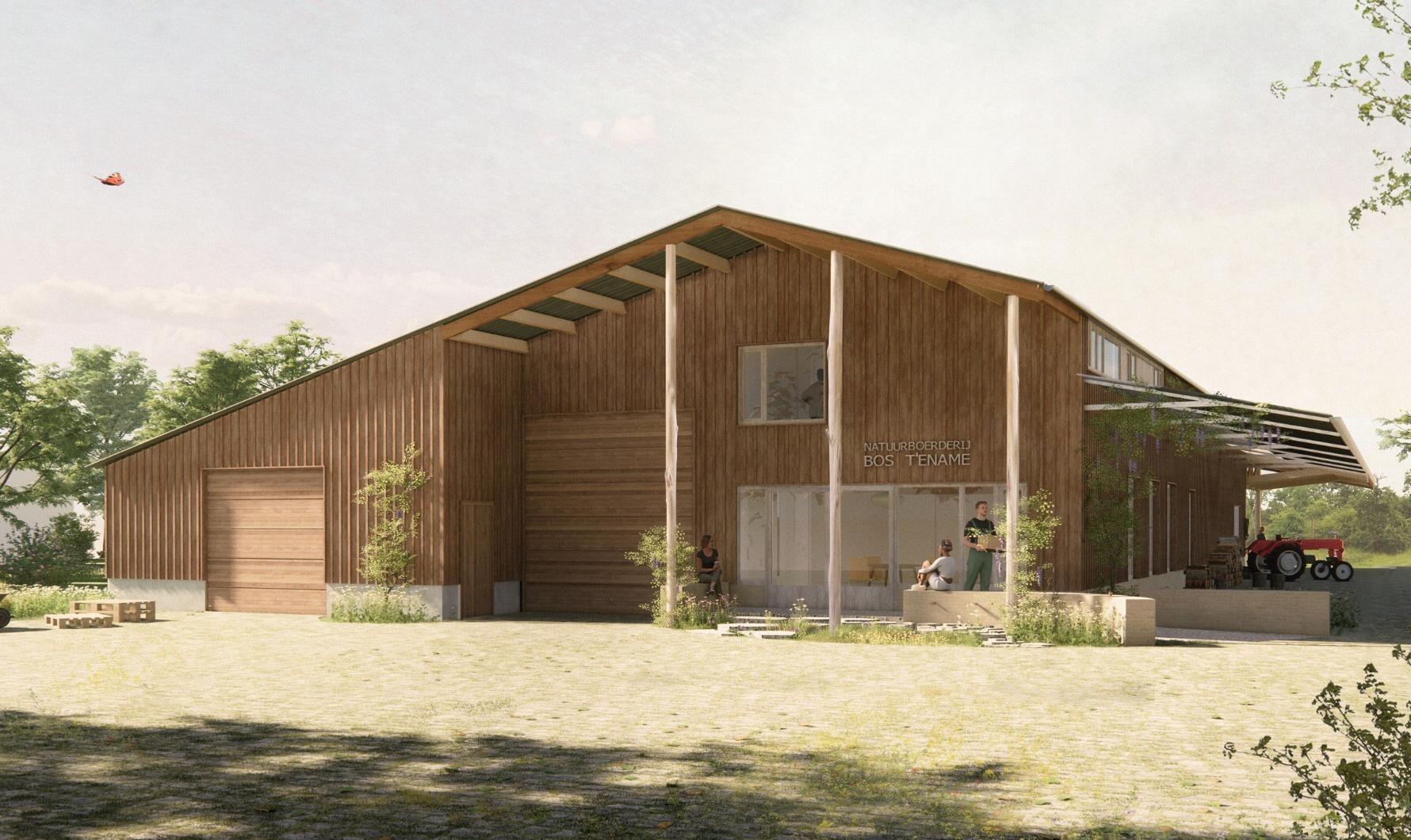 Een render van het project Natuurboerderij Bos t'Ename.