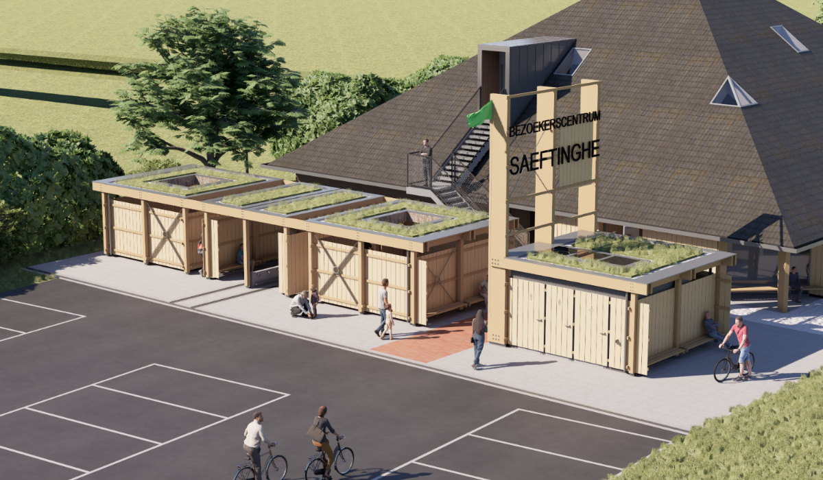 Ontwerp van een vernieuwd Bezoekerscentrum Saeftinghe. Het toont nieuwe houten units voor kleedruimte, spoelen van laarzen, etc. die voor het huidige gebouw komen.