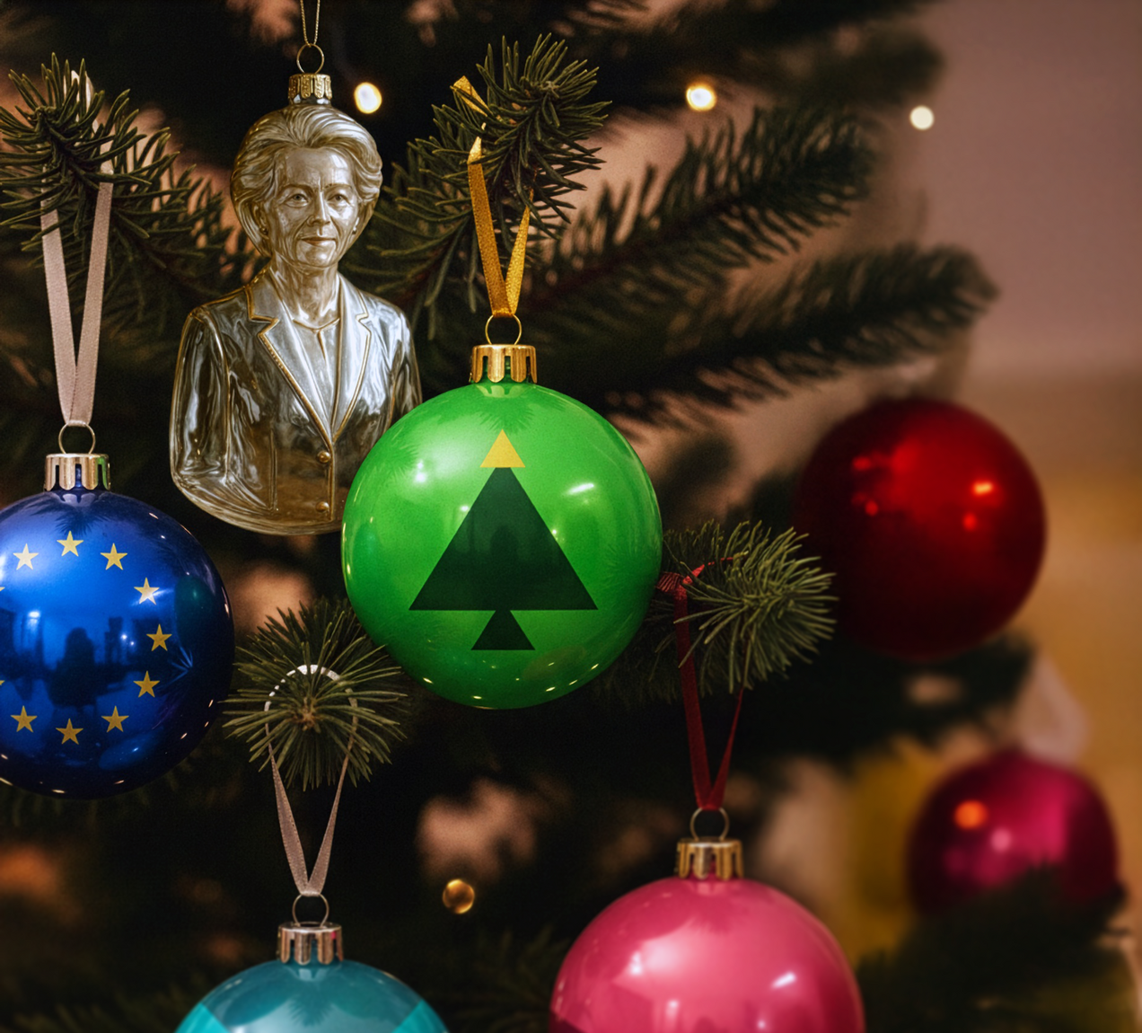 Kerst afbeelding met kerstboom en Interreg kerstballen